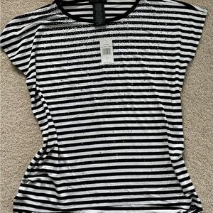 Women Design History Black & White Striped Short Sleeve Top w/Rhinestone Detail